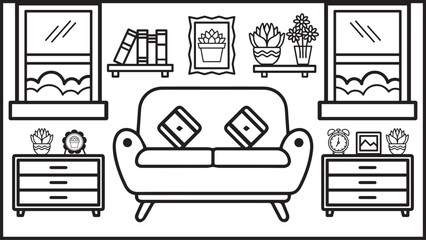 Living room graphic black white home interior sketch illustration vector line art for children and adult coloring page or book design. 