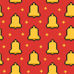 Seamless pixel art pattern featuring yellow Christmas bells on a bright red background. Ideal for digital wallpapers, UI UX design, mobile games, holiday wrapping paper, greeting cards, winter