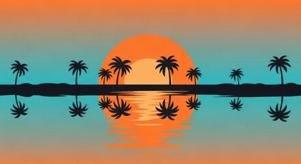Stunning tropical sunset with silhouetted palm trees reflecting on water