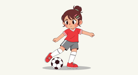 Cartoon girl in red jersey playing soccer with a ball.