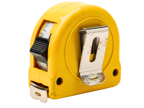 Old yellow retractable measuring tape with a rusty metal clip on a transparent background