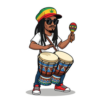 Cartoon Rastafarian Man Playing Drums and Maracas with Dreadlocks and Sunglasses.