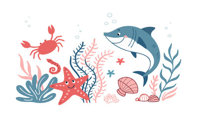 Sea Adventure Illustration with Crab and Seahorses Vector Set illustration. textile elements, easily editable..
