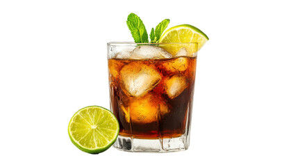 Fototapeta premium Refreshing Cuba Libre Cocktail with Lime and Mint Garnish on Transparent Background