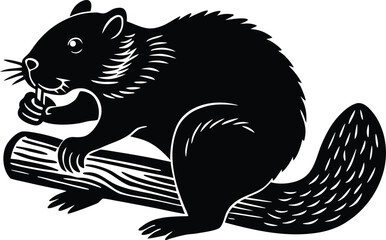 A silhouette Black and white linocut illustration of a squirrel perched on a log eating a nut on white background 