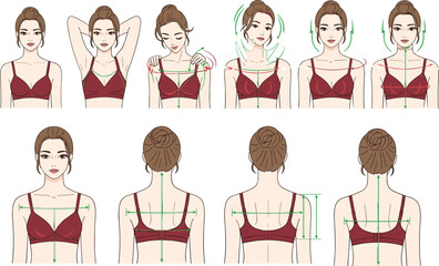 Body measurement guide for women, fashion fitting reference, tailoring diagram, bust shoulder neck back, illustrated poses, measurement tutorial