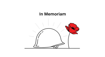In Memoriam illustration with helmet and poppy flower on white background.