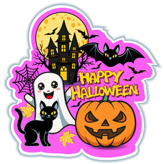 A Halloween sticker card with a pumpkin, ghost, castle, and bats.