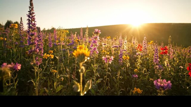 Slow motion gliding shot over a vibrant meadow of wildflowers gently swaying in the soft dawn breeze meadow, breeze, sunrise