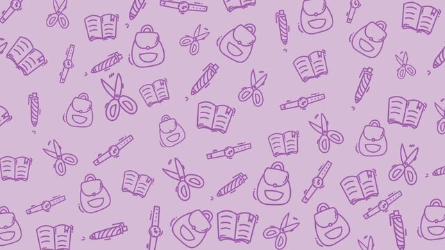 School supplies on a playful purple background, suitable for educational materials, stationery designs, back to school promotions, and graphic design projects