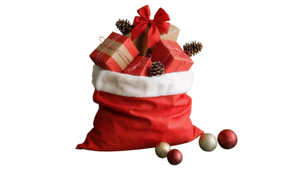 A full red santa claus sack overflowing with wrapped christmas presents and small decorative ornaments isolated on transparent background