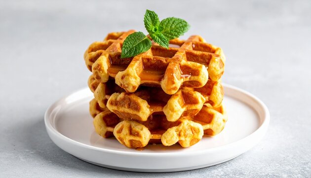 Delicious Stack of Waffles with Blueberries and Mint on a White Plate, Yellow Background