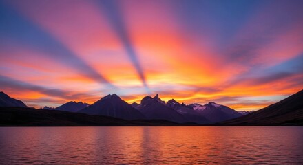Breathtaking sunset over mountain range with vibrant sky reflection on tranquil lake