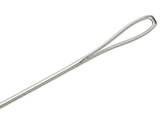 Extreme macro shot of the eye of a silver sewing needle tool on a transparent background