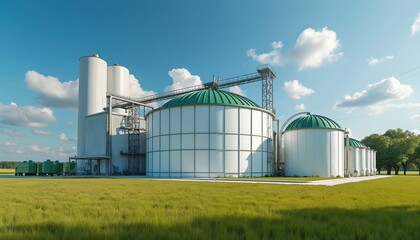 Modern biogas plant with fermenter tanks, silos in green field under blue sky. Eco-friendly facility produces renewable energy, bio-gas, electricity. Clean tech solution for sustainable power