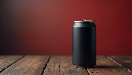 Black aluminum soda can on wooden table against red background. Can is blank and empty. Wooden surface has a natural texture. Red wall is gradient. Modern and sleek design.
