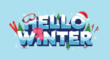 Festive Hello Winter Text with Winter Sports Elements.