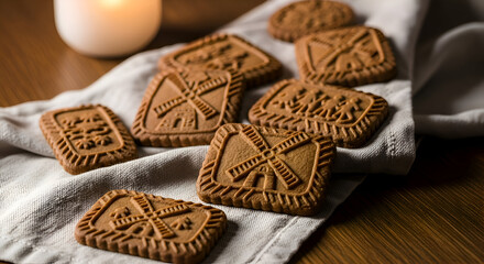 Fototapeta premium Delicious Speculoos Cookies with a Candle on a Wooden Table close-up shot