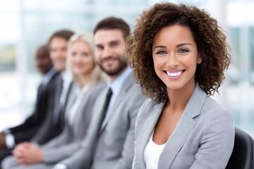 Confident businesswoman smiling with diverse business team members