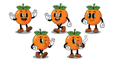 Retro Cartoon Oranges with Expressive Faces and Waving Hands.