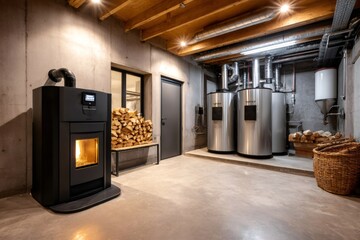 Basement heating system using pellet stove and boiler
