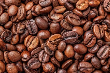 Fototapeta premium Close-up of roasted brown coffee beans, varied tones and textures