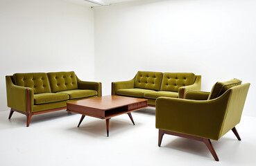 Vintage Mid-Century Modern furniture set green velvet upholstery. Two button-tufted sofas, one armchair, wooden coffee table in bright studio room. Retro style living space furniture, home decor,