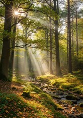 Obraz premium Enchanting forest scene with sunlight beaming through trees along a peaceful stream