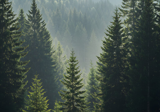Misty evergreen forest with dense pine trees in the morning light - Powered by Adobe