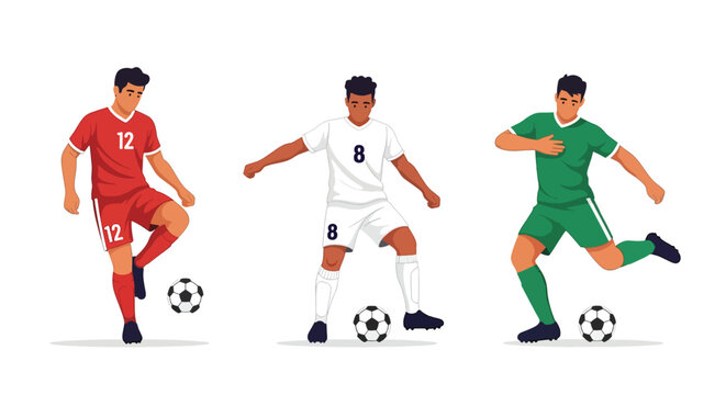 Three diverse male soccer players in action dribbling and kicking a ball. - Powered by Adobe