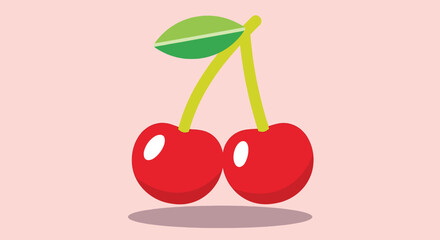 Two bright red cherries with a green leaf on a light pink background.