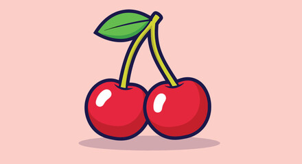 Two Ripe Red Cherries with Green Stem and Leaf.