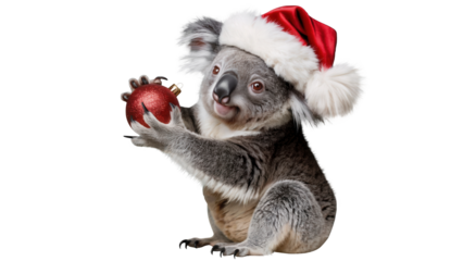 Cute koala wearing a santa hat holding a small red gift isolated on transparent background