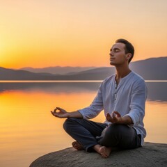 Meditation by the lake during sunset for international stress awareness day wellness