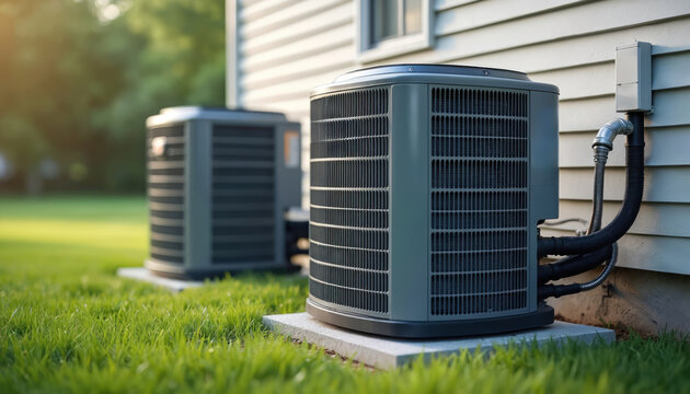 Two air conditioner units sit outside building on lawn. Condensing unit provides cooling. HVAC system service. Heat pump for house. Air conditioning technology helps maintain ambient temperature.