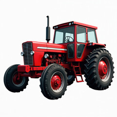 Obraz premium Red farm tractor with black tires isolated against white backdrop. Agricultural machine equipment on a farm in the field. Agriculture cultivation transport vehicle