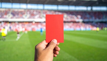 Hand holding red card in a football stadium with blurred crowd in background, symbolizing penalty or expulsion from game