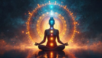 Person meditates in lotus pose. Glowing chakras align vertically on body. Cosmic mandala backdrop radiates energy. Peaceful spiritual awakening and inner balance.