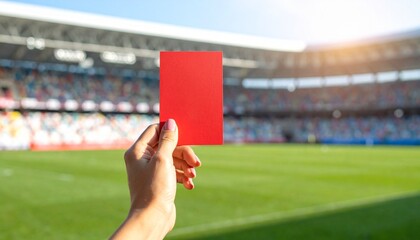 Hand holding red card in a football stadium with blurred crowd in background, symbolizing penalty or expulsion from game