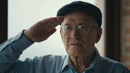 A portrait of a thoughtful elderly man wearing a cap and glasses saluting with a sense of honor and remembrance perfect for a veteran's tribute or a respectful greeting