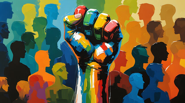 Human rights day colorful hand fist on a background of  people 