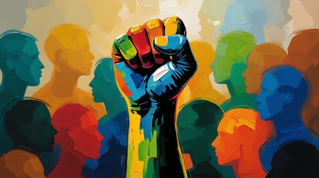 Human rights day colorful hand fist on a background of  people 