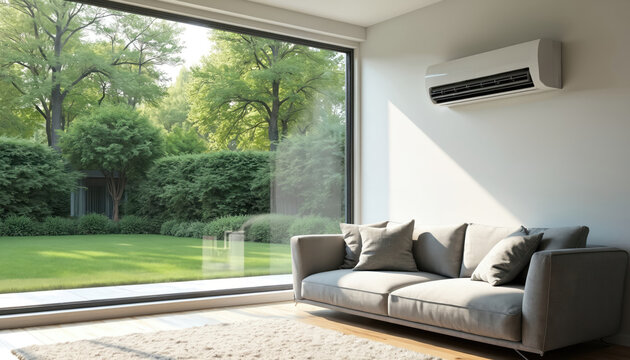Modern living room features air source heat pump mounted on wall. Large window shows lush green garden with trees and lawn. Sofa with pillows sits on rug near floor.