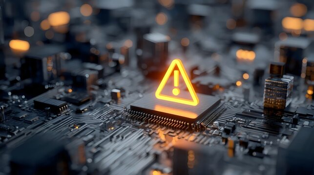 3D illustration of a computer circuit board with a bright warning sign symbolizing a critical alert.