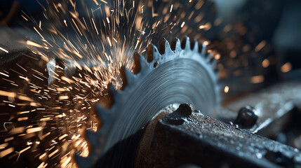 abrasive. Close-up of a grinding wheel sharpening an old knife with flying sparks in an industrial workshop. safety posters.