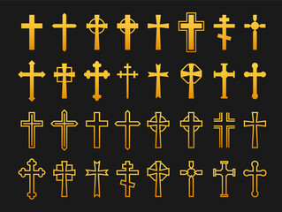 Golden crosses collection representing christianity and faith symbols set