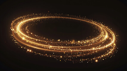Magical golden light swirl with glittering particles on black background.