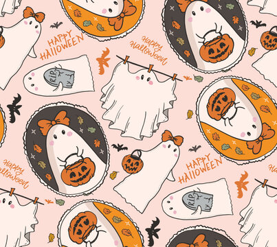 Funny trendy hand drawn doole halloween pattern background.
