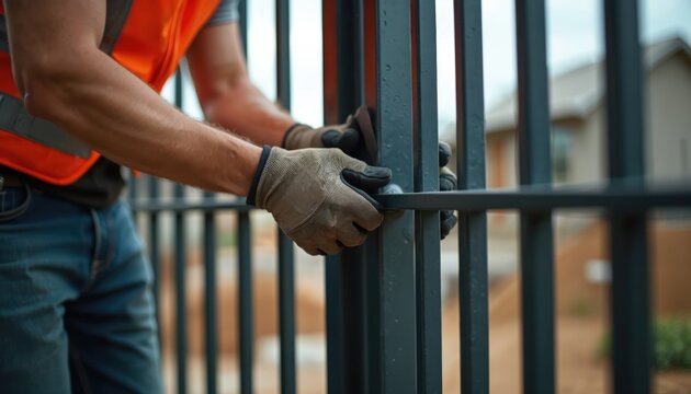Construction worker in safety vest and gloves installs metal gate on property. Hands carefully fix gate bars. Outdoor building work with precision and skill.