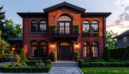 Fototapeta premium Elegant facade of a luxury red brick mansion with a beautifully landscaped garden at sunset